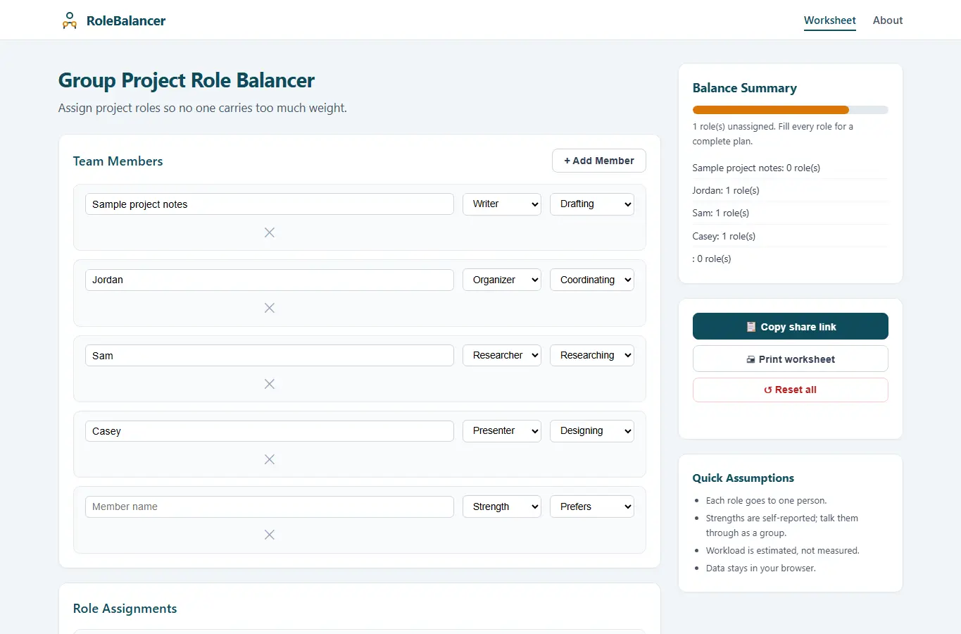 Screenshot of Group Project Role Balancer interface showing the project page in use